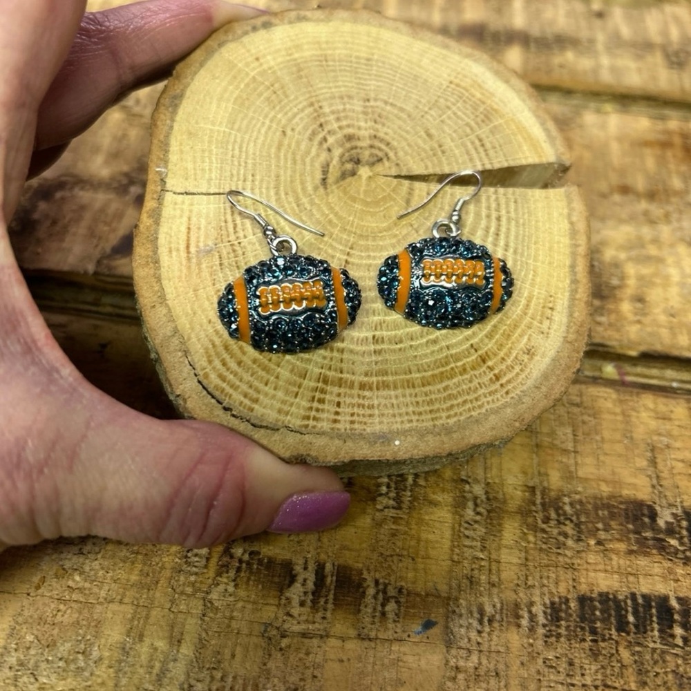Football Shaped Earrings with Orange and Blue Crystals